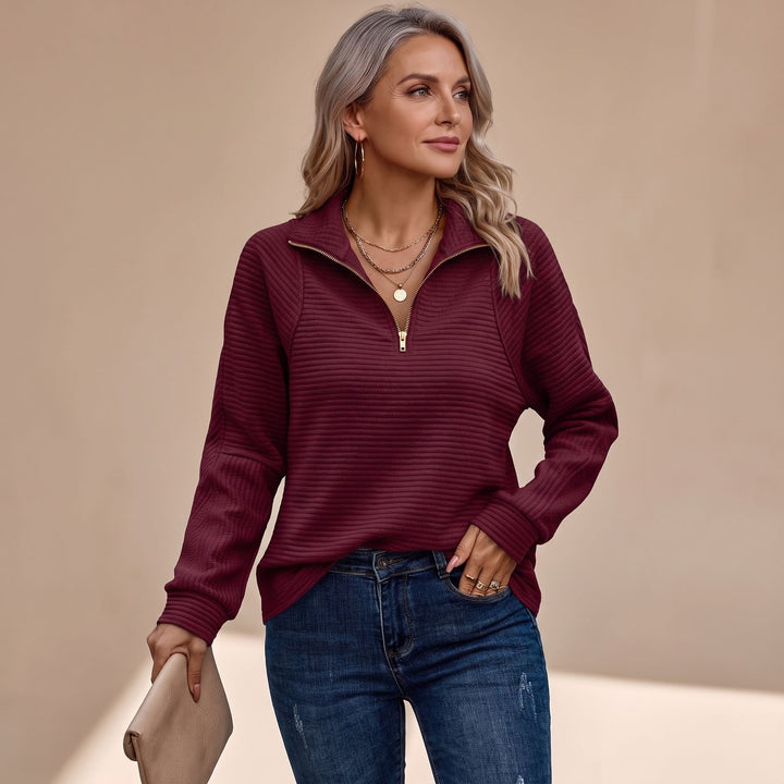 Women's Ribbed Quarter-Zip Long Sleeve Pullover Sweater - Burgundy
