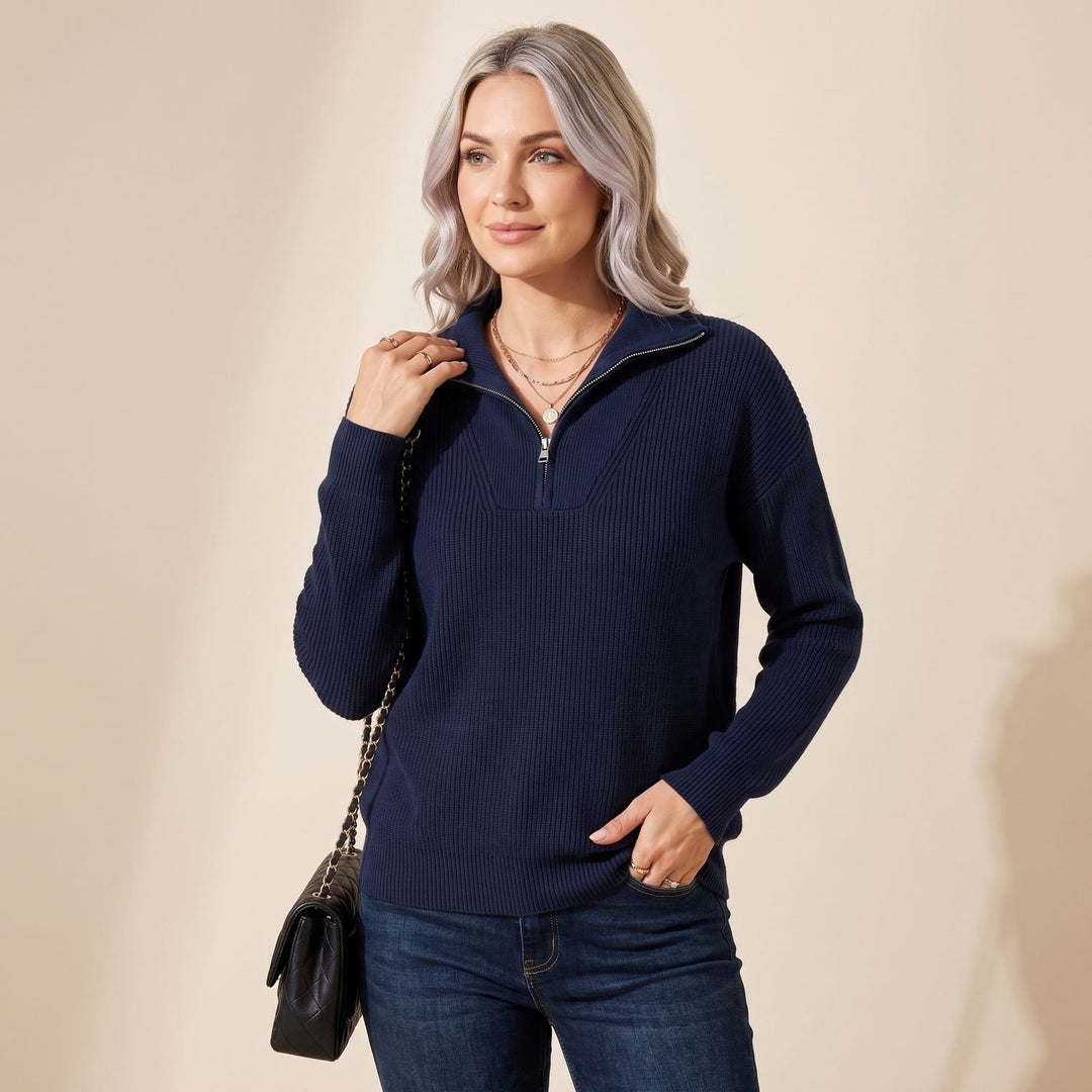 Women's Ribbed Quarter-Zip Long Sleeve Pullover Sweater - Navy Blue