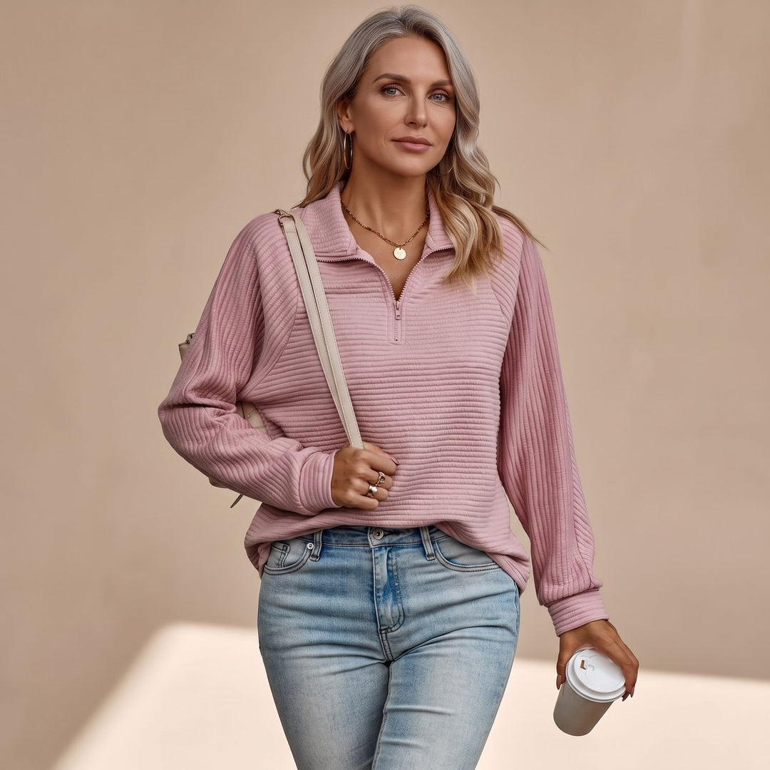 Women's Ribbed Quarter-Zip Long Sleeve Pullover Sweater
