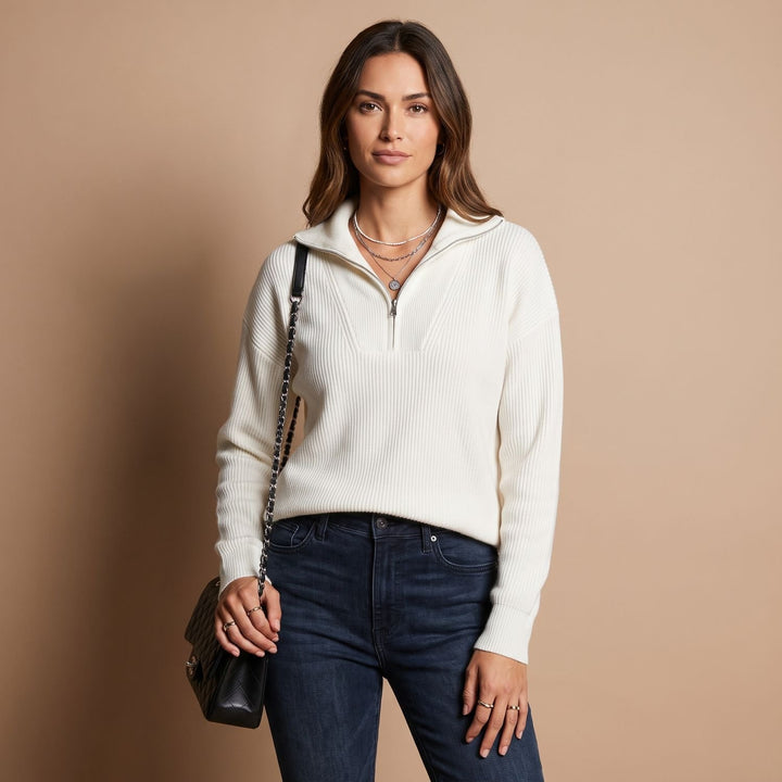 Women's Ribbed Quarter-Zip Long Sleeve Pullover Sweater - White