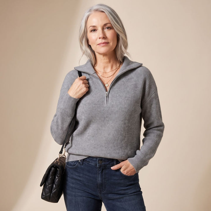 Women's Ribbed Quarter-Zip Long Sleeve Pullover Sweater - Gray