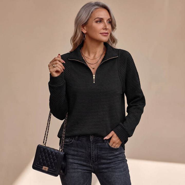 Women's Ribbed Quarter-Zip Long Sleeve Pullover Sweater - Black