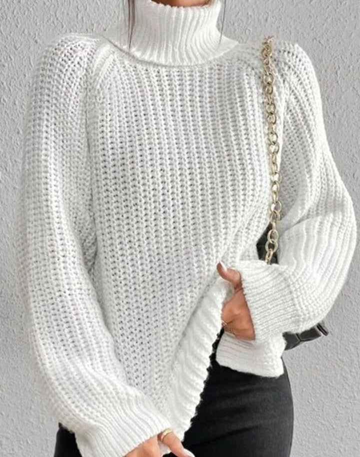 Women's Ribbed Turtleneck Sweater Long Sleeve Knit Pullover - White