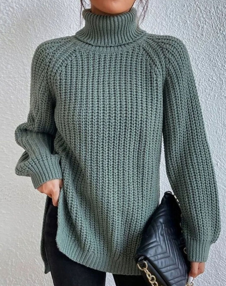 Women's Ribbed Turtleneck Sweater Long Sleeve Knit Pullover - Green