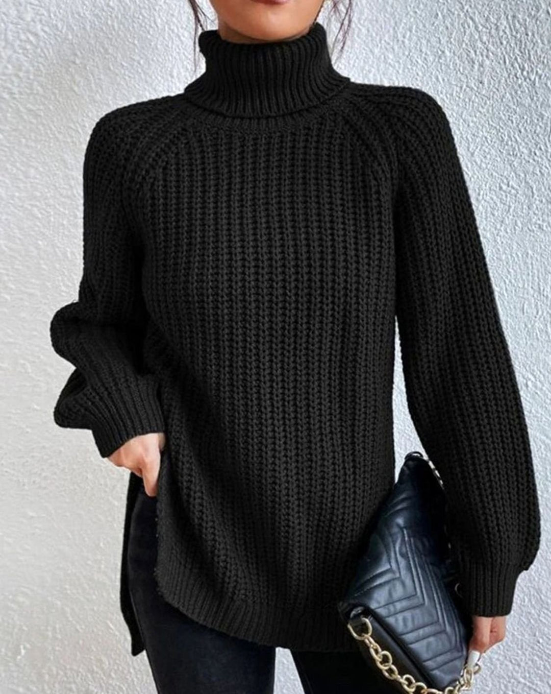 Women's Ribbed Turtleneck Sweater Long Sleeve Knit Pullover - Black