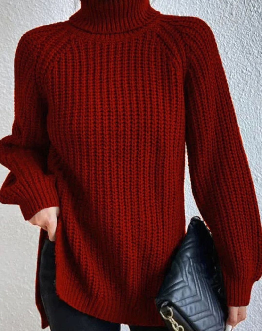 Women's Ribbed Turtleneck Sweater Long Sleeve Knit Pullover - Burgundy