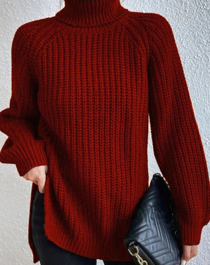 Women's Ribbed Turtleneck Sweater Long Sleeve Knit Pullover - Burgundy