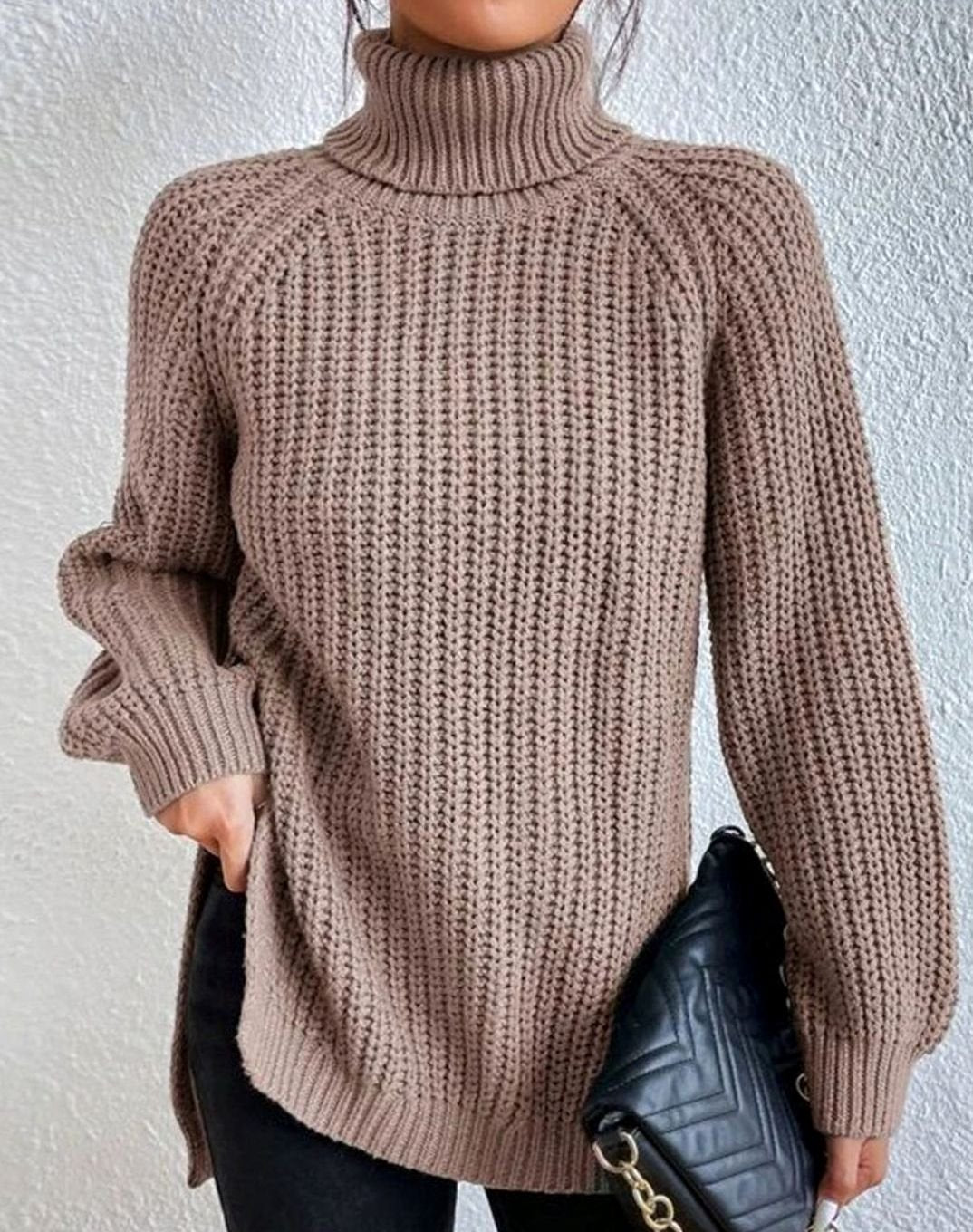 Women's Ribbed Turtleneck Sweater Long Sleeve Knit Pullover - Khaki