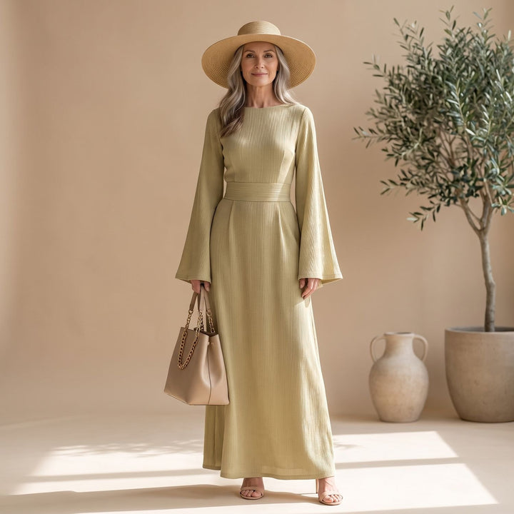 Women's Ribbed Wide-Sleeve High-Waist Maxi Dress - Sand Yellow