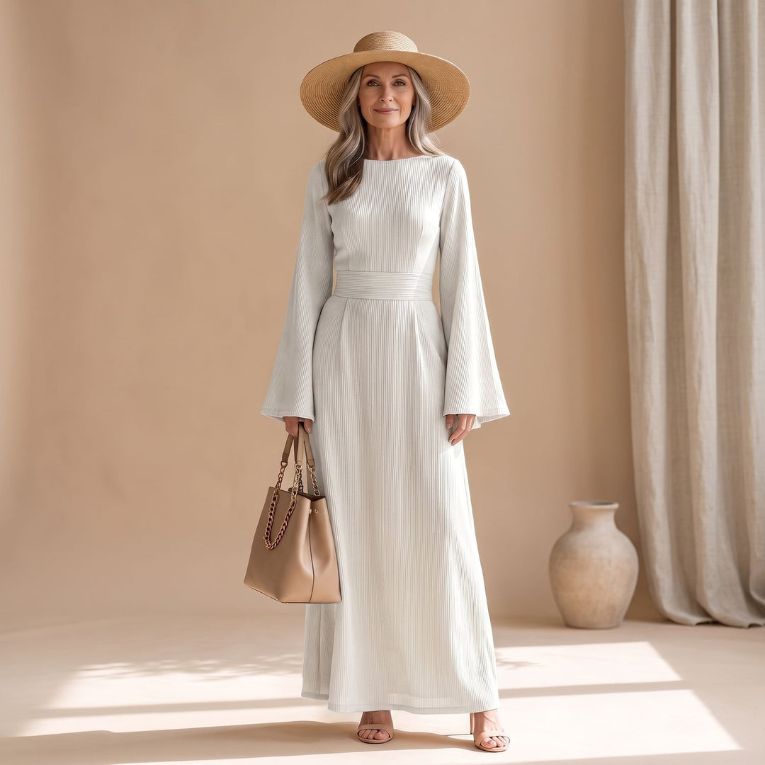 Women's Ribbed Wide-Sleeve High-Waist Maxi Dress - White