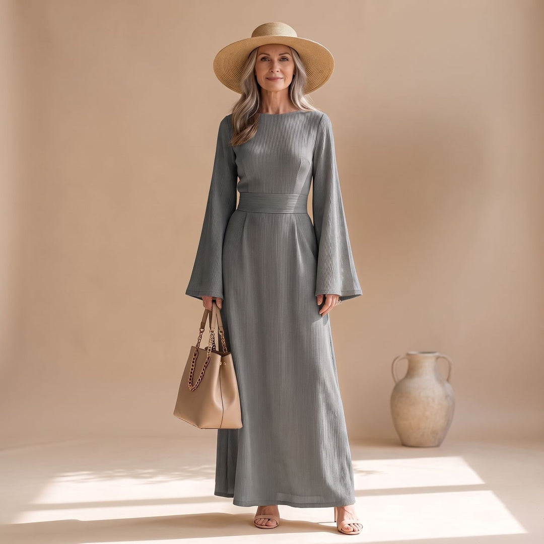 Women's Ribbed Wide-Sleeve High-Waist Maxi Dress - Gray