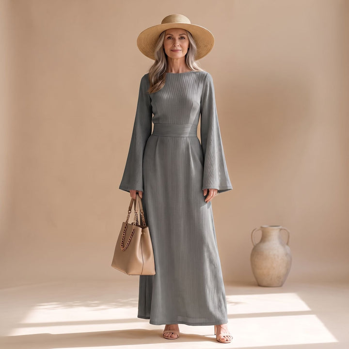 Women's Ribbed Wide-Sleeve High-Waist Maxi Dress - Gray