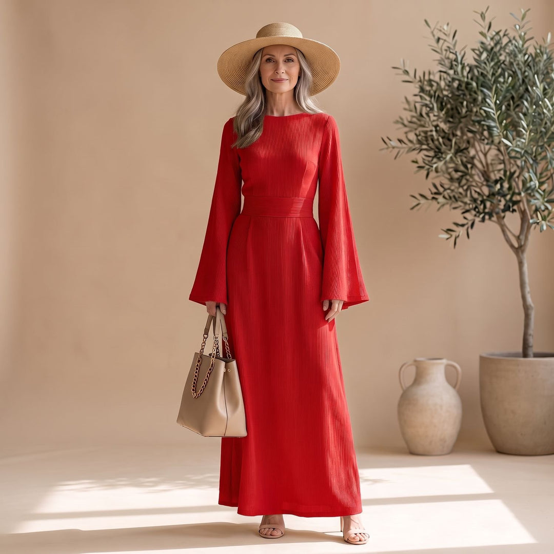 Women's Ribbed Wide-Sleeve High-Waist Maxi Dress - Red