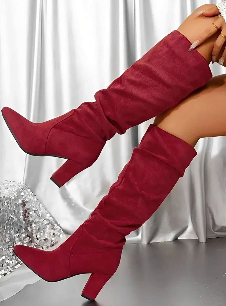 Women's Ruched Knee High Boots Block Heel Zip-Up - Burgundy