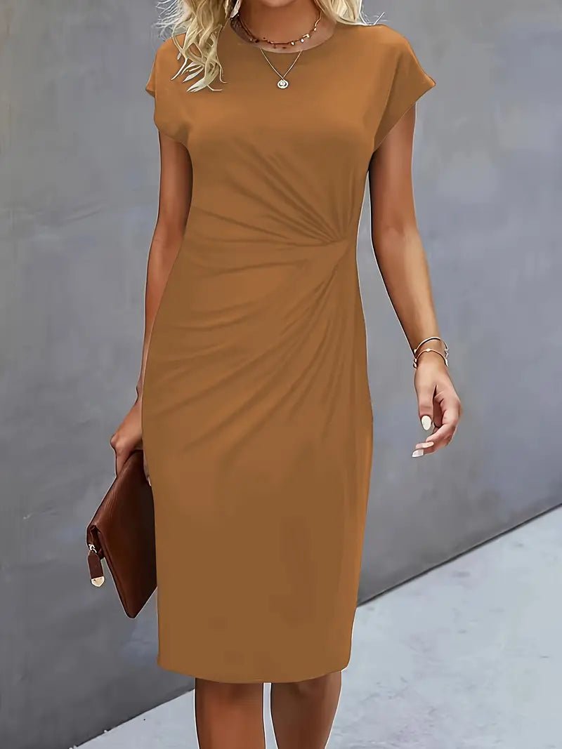 Women's Ruched Twist-Waist Cap-Sleeve Bodycon Midi Dress - Khaki