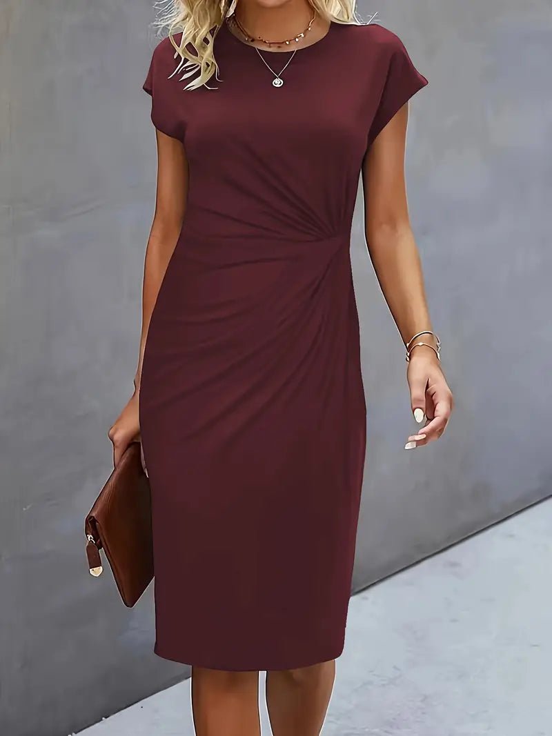 Women's Ruched Twist-Waist Cap-Sleeve Bodycon Midi Dress - Wine Red