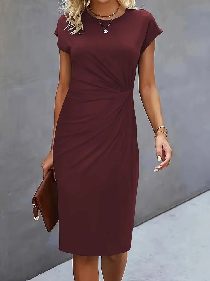 Women's Ruched Twist-Waist Cap-Sleeve Bodycon Midi Dress - Wine Red