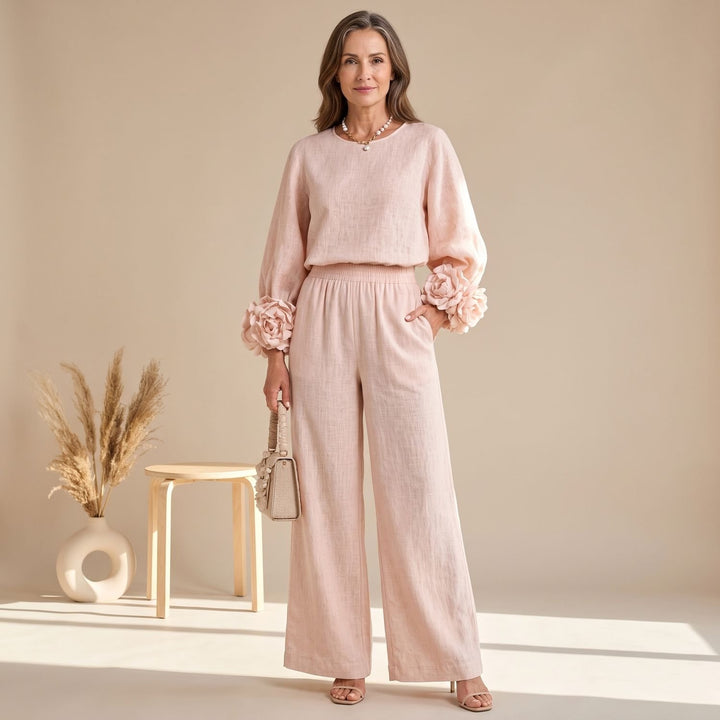 Women's Ruffle Cuff Wide-Leg High-Waist Two Piece Set - Pink