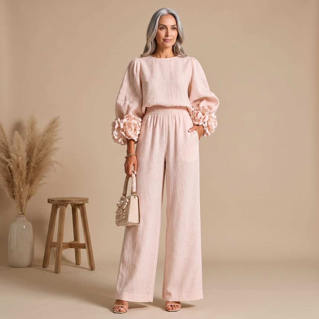 Women's Ruffle Cuff Wide-Leg High-Waist Two Piece Set