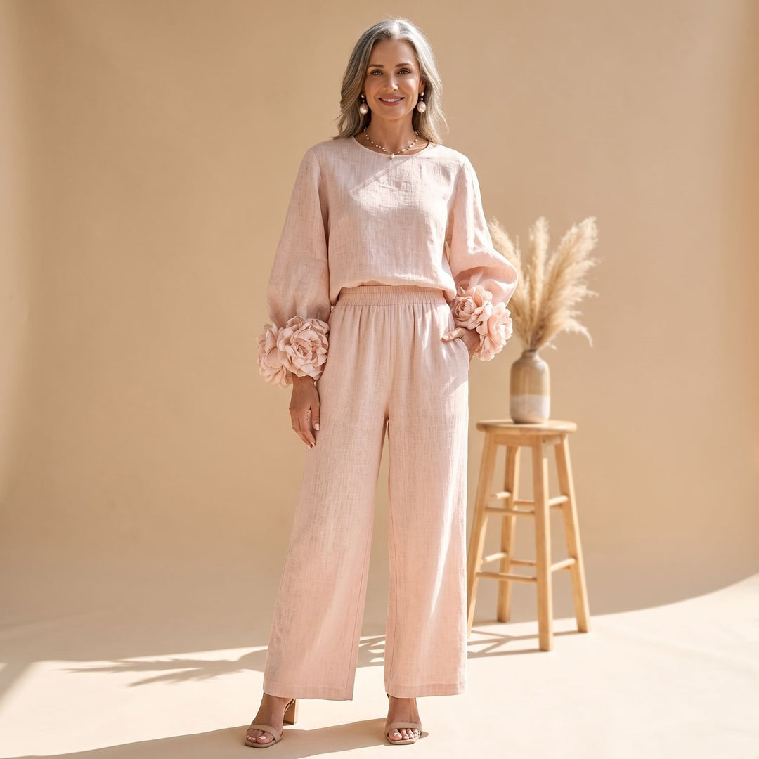 Women's Ruffle Cuff Wide-Leg High-Waist Two Piece Set