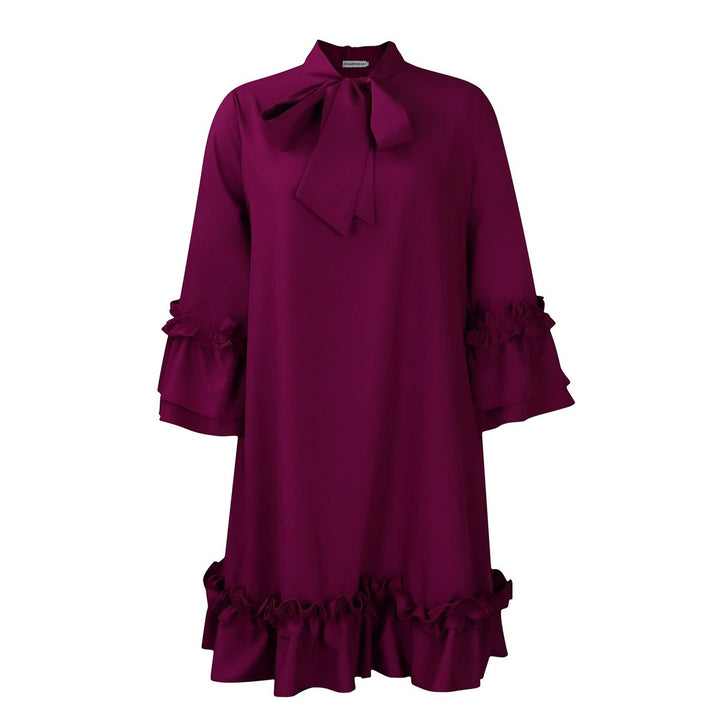 Women's Ruffle-Hem Bow-Neck Three-Quarter Sleeve Tunic Dress - Purpur