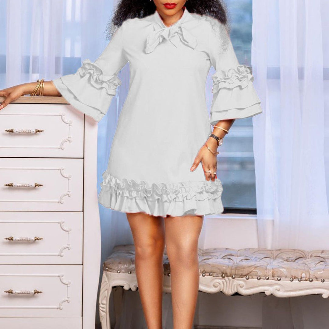 Women's Ruffle-Hem Bow-Neck Three-Quarter Sleeve Tunic Dress