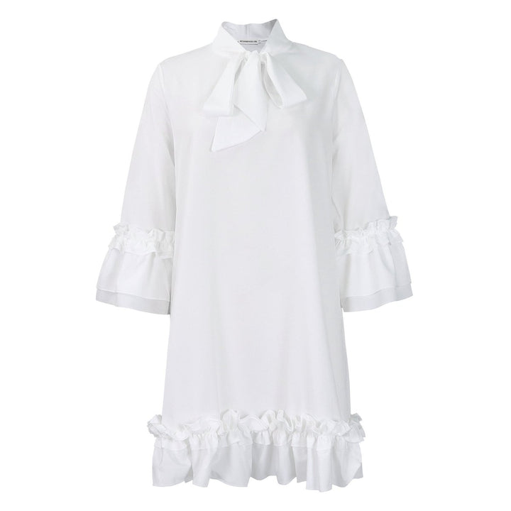 Women's Ruffle-Hem Bow-Neck Three-Quarter Sleeve Tunic Dress - Weiß