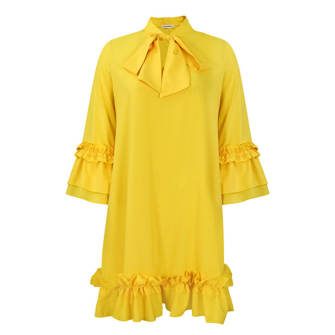 Women's Ruffle-Hem Bow-Neck Three-Quarter Sleeve Tunic Dress - Gelb
