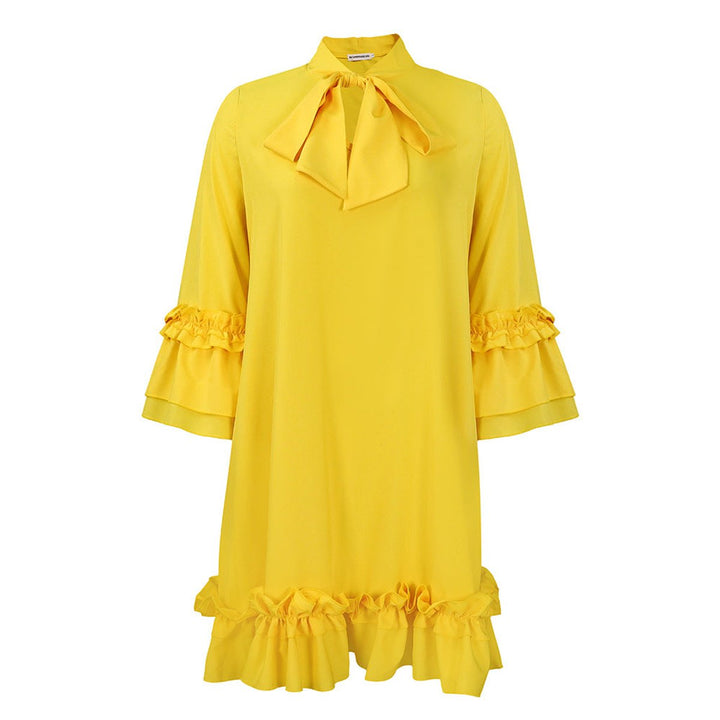 Women's Ruffle-Hem Bow-Neck Three-Quarter Sleeve Tunic Dress - Gelb
