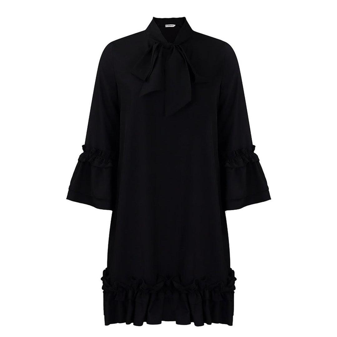 Women's Ruffle-Hem Bow-Neck Three-Quarter Sleeve Tunic Dress - Schwarz