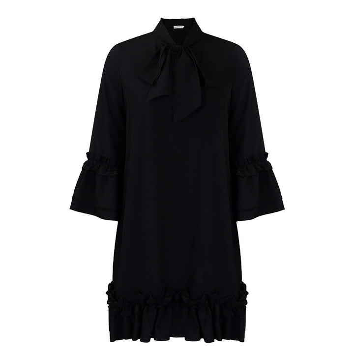 Women's Ruffle-Hem Bow-Neck Three-Quarter Sleeve Tunic Dress - Schwarz