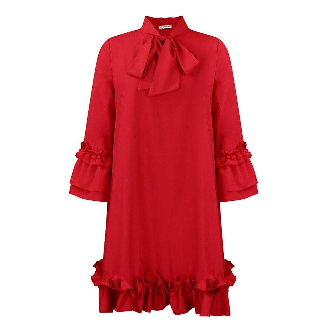 Women's Ruffle-Hem Bow-Neck Three-Quarter Sleeve Tunic Dress - Rot