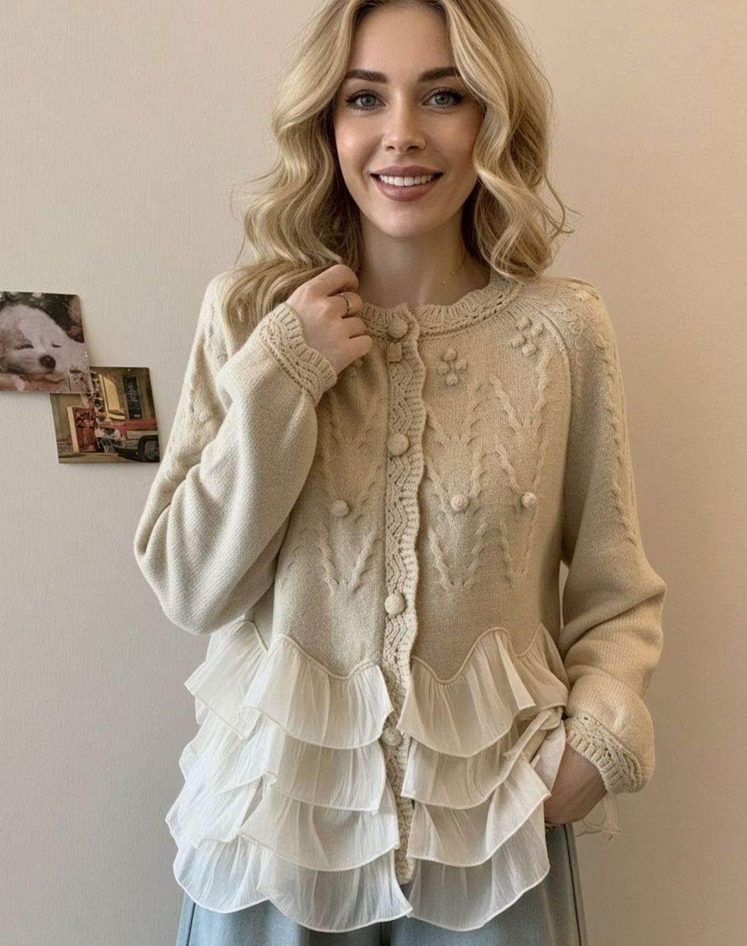 Women's Ruffle Hem Cable-Knit Button-Front Cardigan - Cream