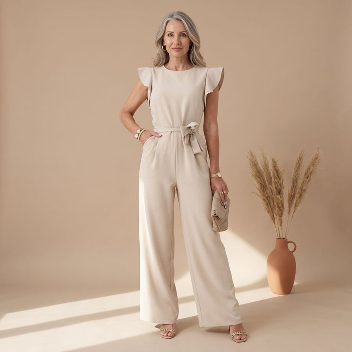 Women's Ruffle-Sleeve Belted Wide-Leg Jumpsuit - Beige
