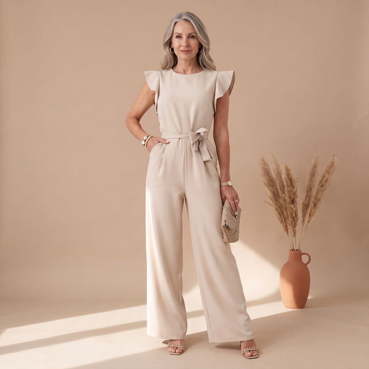 Women's Ruffle-Sleeve Belted Wide-Leg Jumpsuit - White
