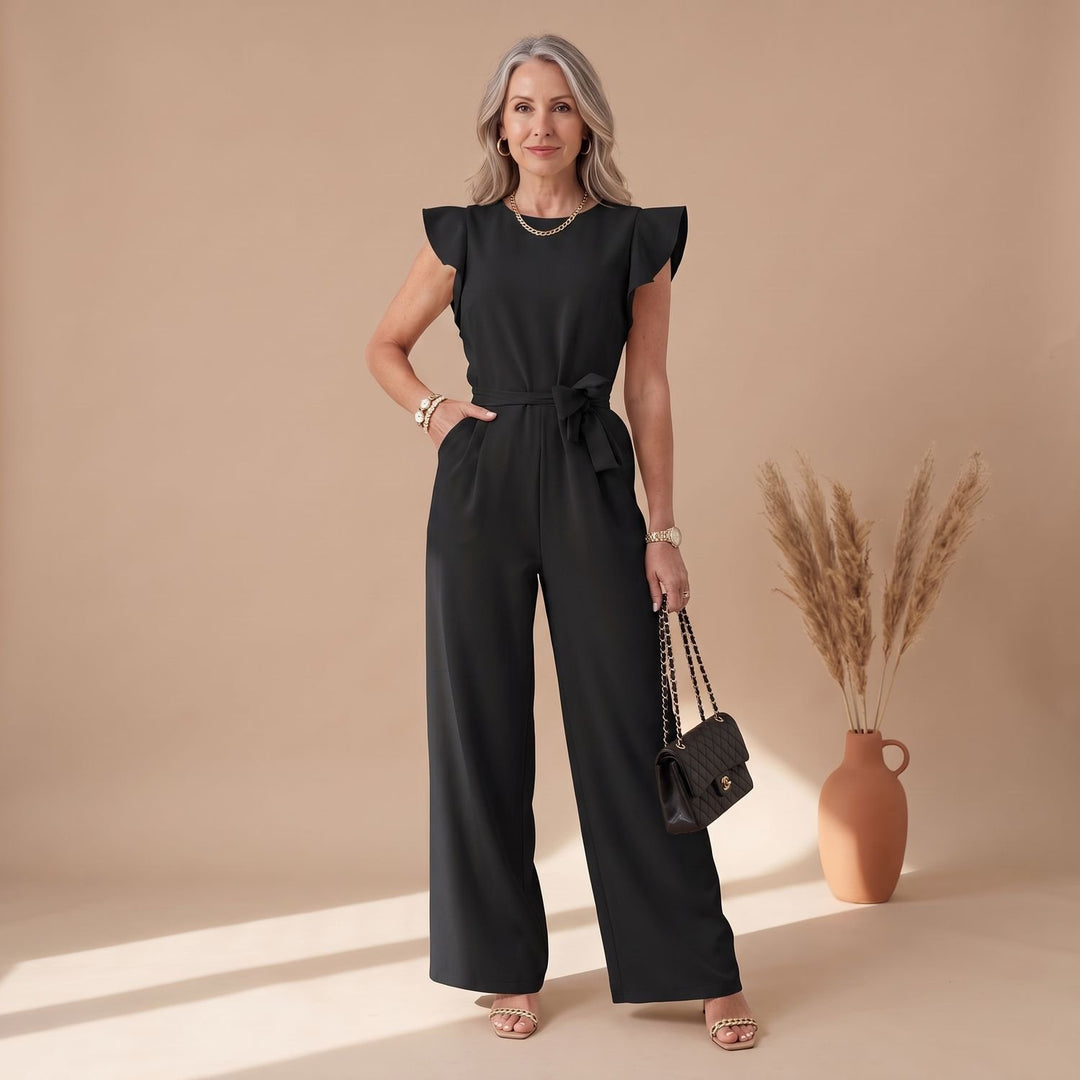 Women's Ruffle-Sleeve Belted Wide-Leg Jumpsuit - Black