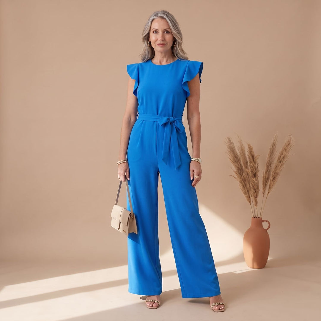 Women's Ruffle-Sleeve Belted Wide-Leg Jumpsuit - Blue