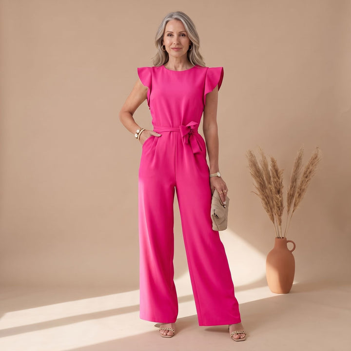 Women's Ruffle-Sleeve Belted Wide-Leg Jumpsuit - Pink