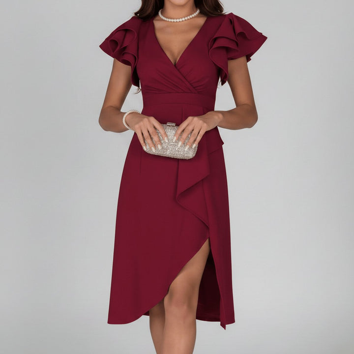 Women's Ruffle Sleeve Wrap Mother of the Bride Dress Asymmetric Midi - Deep Red