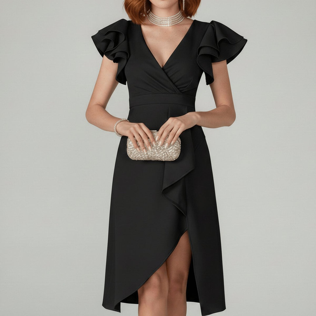 Women's Ruffle Sleeve Wrap Mother of the Bride Dress Asymmetric Midi - Classic Black