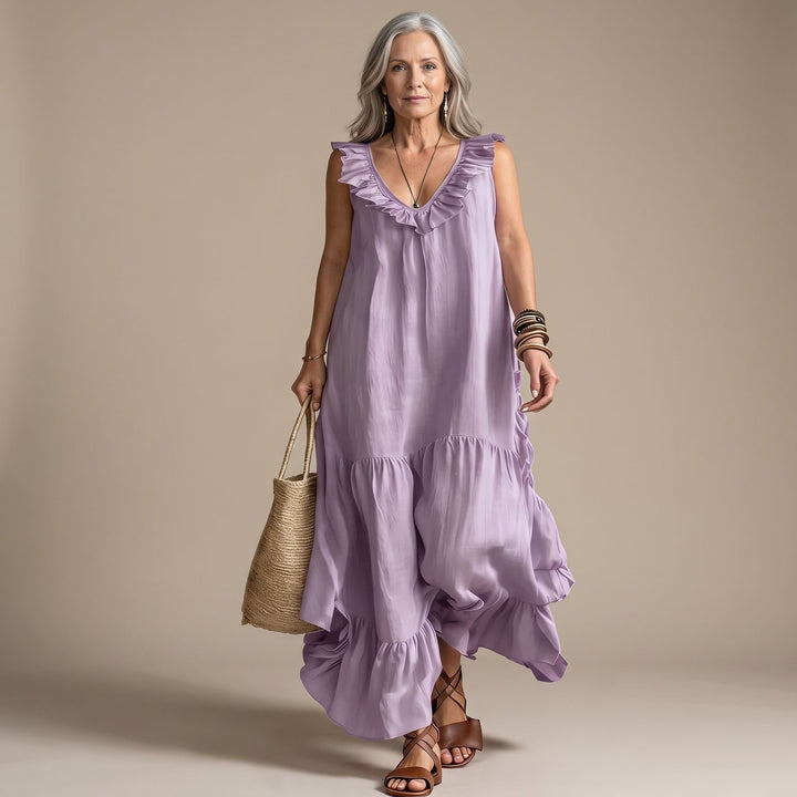 Women's Ruffled V-Neck Sleeveless Maxi Dress Irregular Hem - Purple