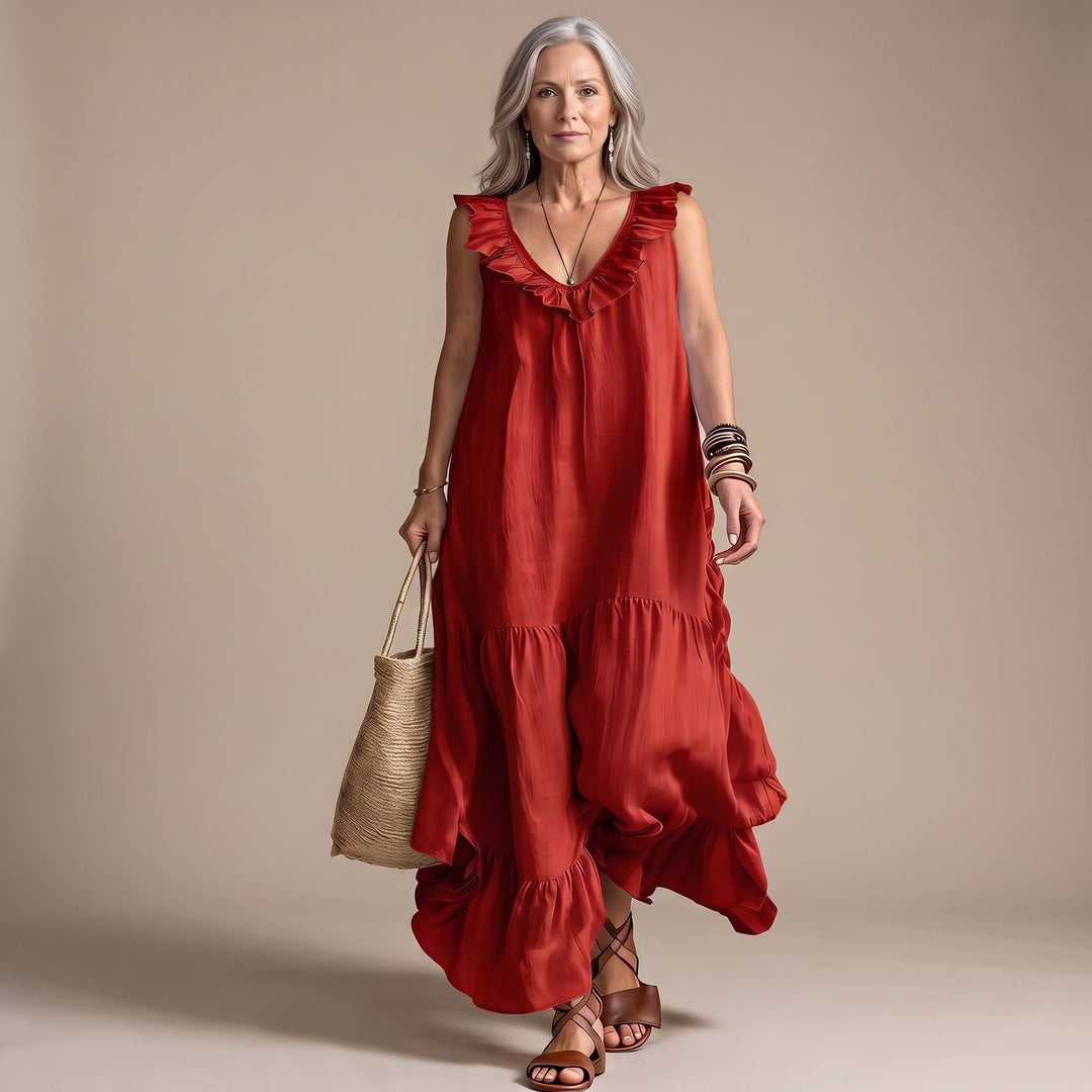 Women's Ruffled V-Neck Sleeveless Maxi Dress Irregular Hem - Red