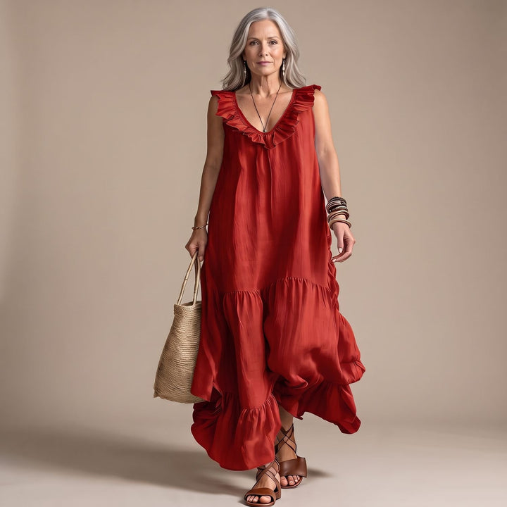 Women's Ruffled V-Neck Sleeveless Maxi Dress Irregular Hem - Red