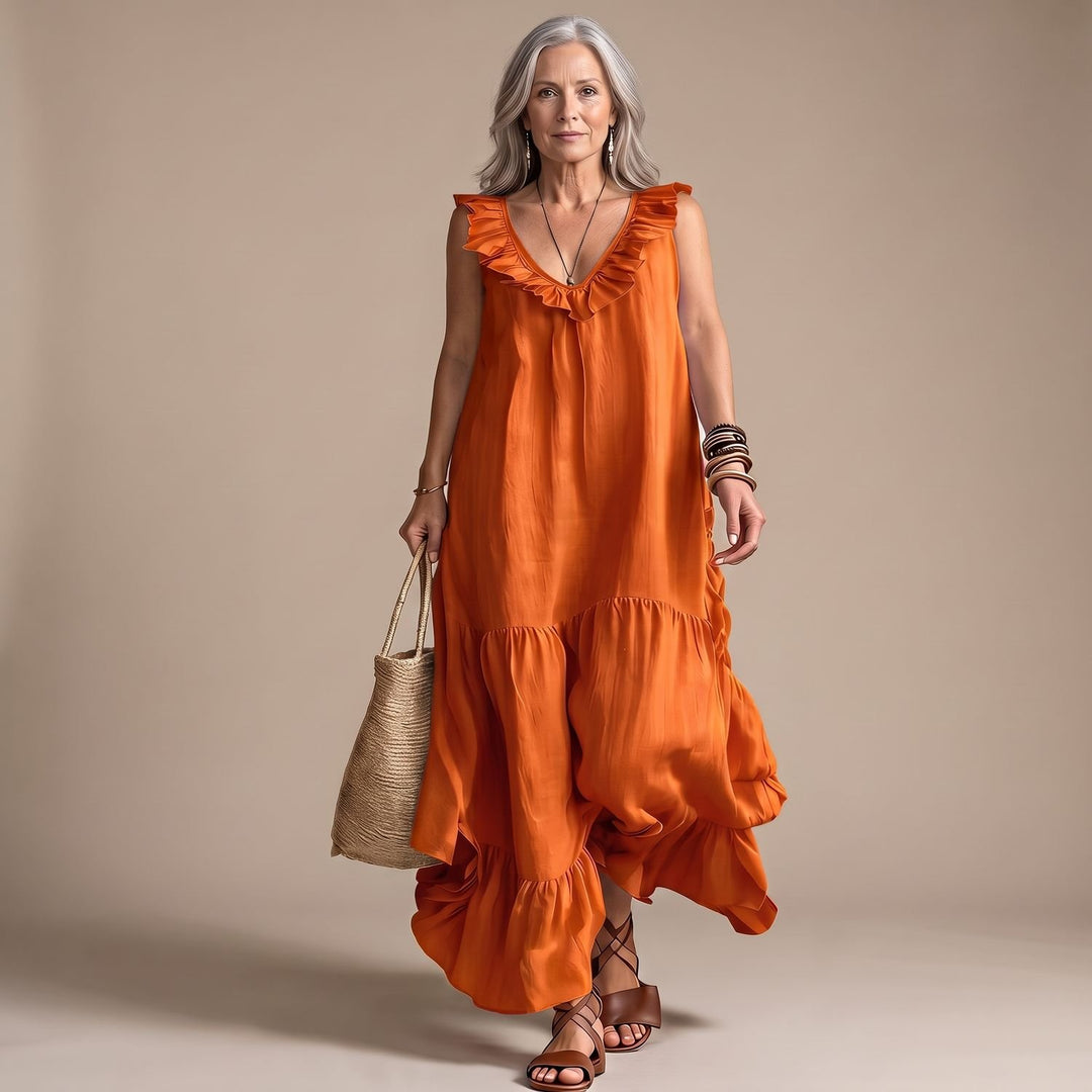 Women's Ruffled V-Neck Sleeveless Maxi Dress Irregular Hem - Orange