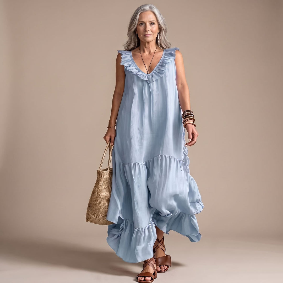 Women's Ruffled V-Neck Sleeveless Maxi Dress Irregular Hem - Blue