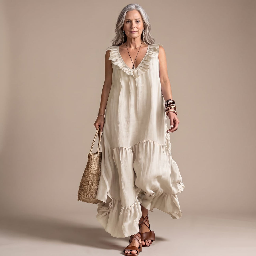 Women's Ruffled V-Neck Sleeveless Maxi Dress Irregular Hem - White
