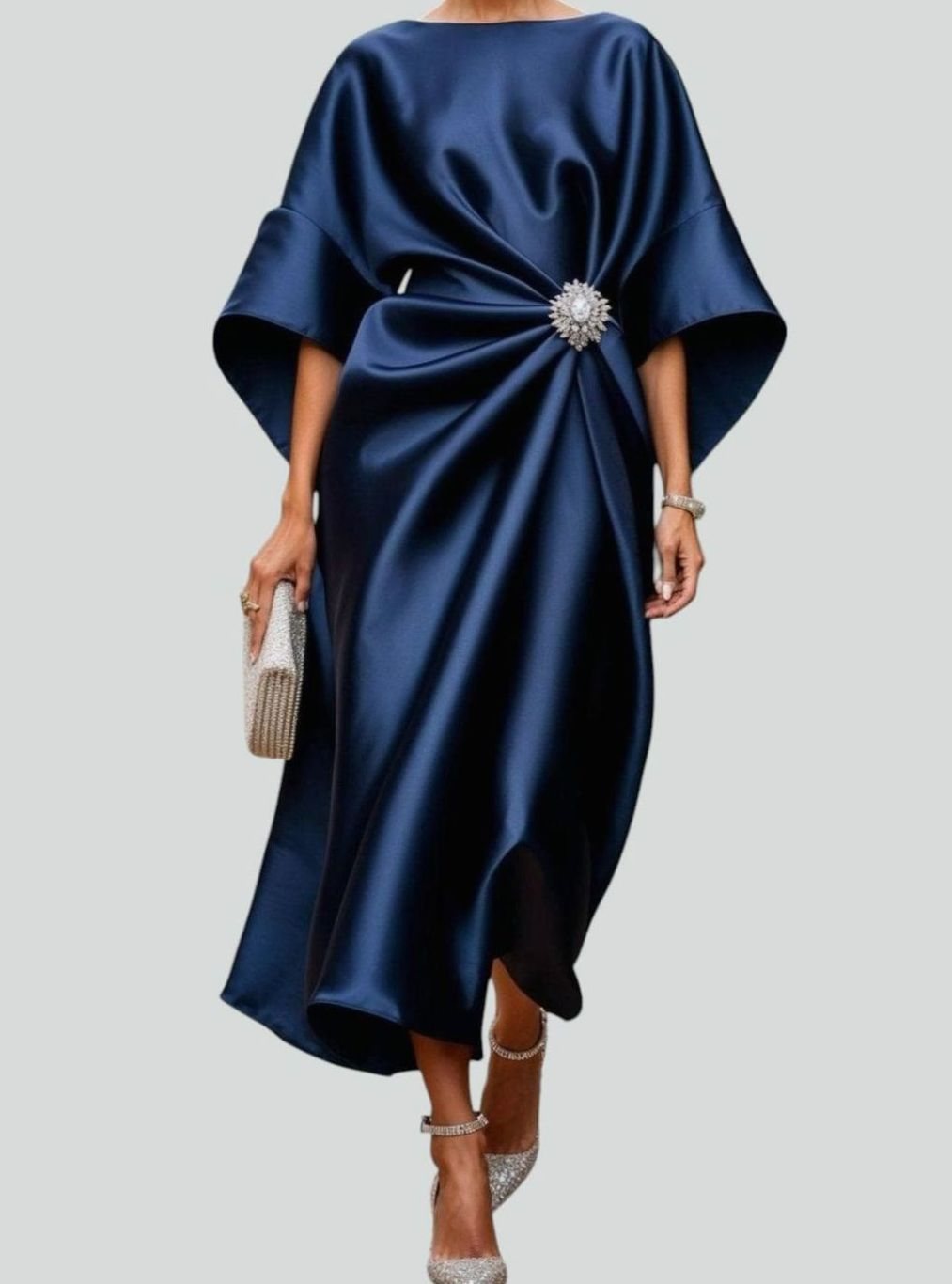Women's Satin Batwing-Sleeve Brooch-Waist Draped Midi Dress - Navy Blue