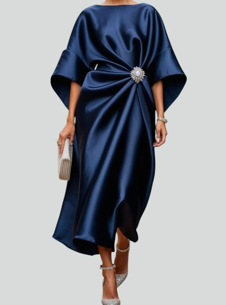 Women's Satin Batwing-Sleeve Brooch-Waist Draped Midi Dress - Navy Blue