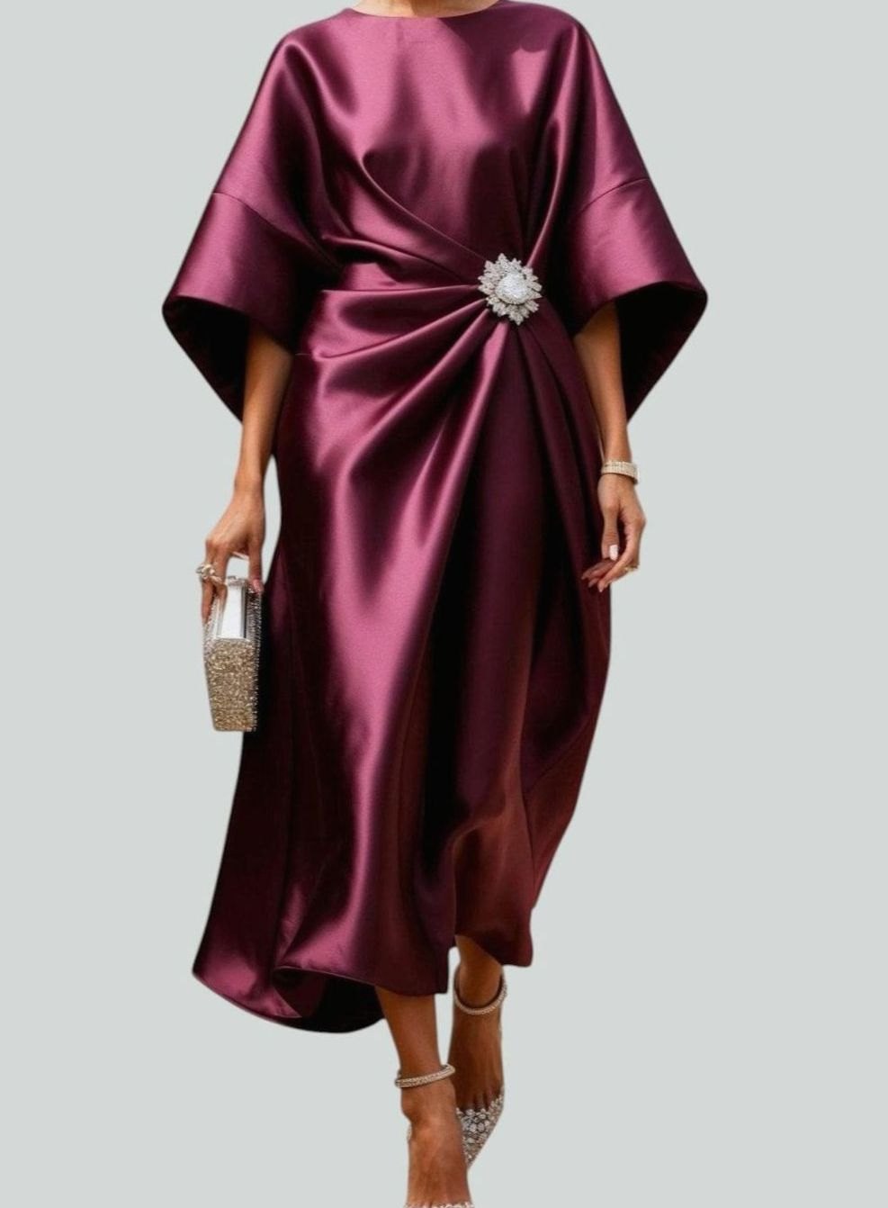 Women's Satin Batwing-Sleeve Brooch-Waist Draped Midi Dress - Red
