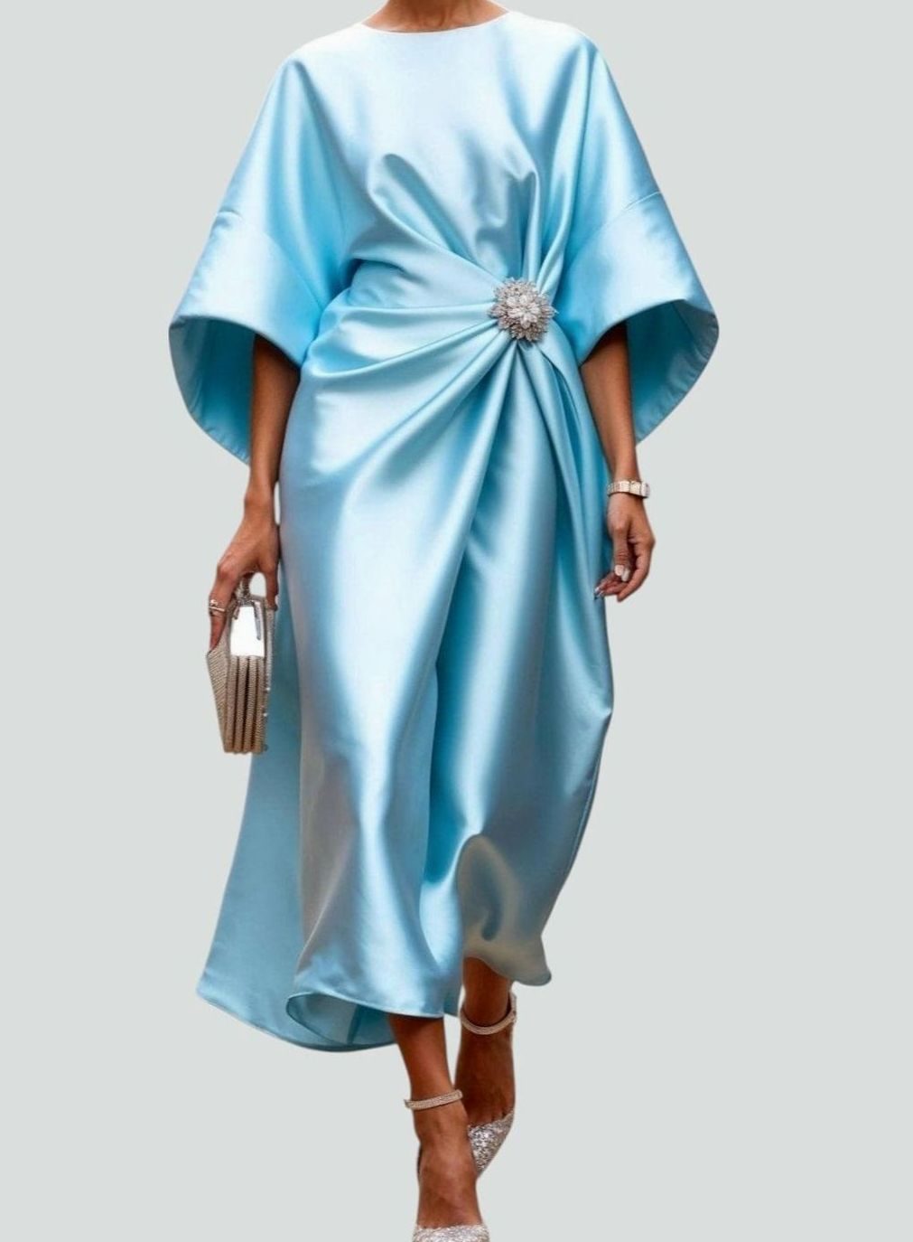 Women's Satin Batwing-Sleeve Brooch-Waist Draped Midi Dress - Light Blue